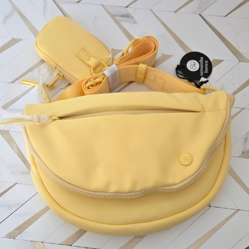 Samantha Brown Butter Yellow Padded Shoulder Bag w/ Pouch 4 Zipper Pockets   NEW